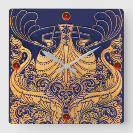 アンティーク船，イルカ，金ゴールド，ネイビーブルー航海の スクエア壁時計