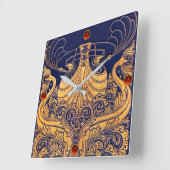 アンティーク船,イルカ,金ゴールド,ネイビーブルー航海の スクエア壁時計 (傾斜)