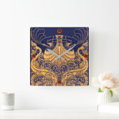 アンティーク船,イルカ,金ゴールド,ネイビーブルー航海の スクエア壁時計 (ホーム)