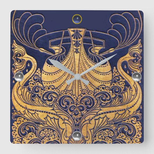 アンティーク船,イルカ,金ゴールド,ネイビーブルー航海の スクエア壁時計 (正面)