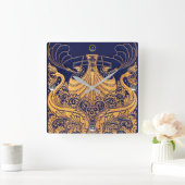 アンティーク船,イルカ,金ゴールド,ネイビーブルー航海の スクエア壁時計 (ホーム)