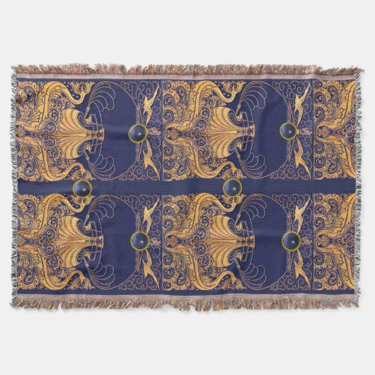 アンティーク船,イルカ,金ゴールド,ネイビーブルー航海の スローブランケット (正面)