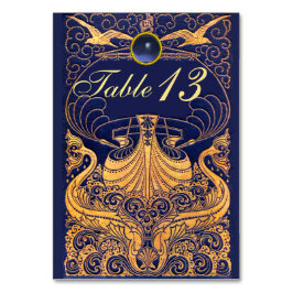 アンティーク船，イルカ，金ゴールド，ネイビーブルー航海の テーブルナンバー