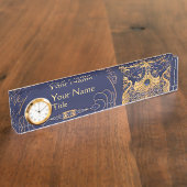 アンティーク船，イルカ，金ゴールド，ネイビーブルー航海の デスクネームプレート (側面)