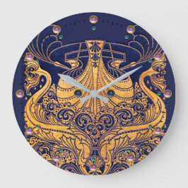 アンティーク船，イルカ，金ゴールド，ネイビーブルー航海の ラージ壁時計