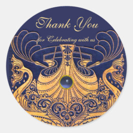 アンティーク船，イルカ，金ゴールド，ネイビーブルー「ありがとう」 ラウンドシール