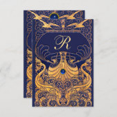 アンティーク船，イルカ，金ゴールド，ネイビーブルー エンクロージャーカード (正面/裏面)