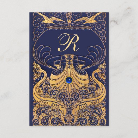 アンティーク船，イルカ，金ゴールド，ネイビーブルー エンクロージャーカード (正面)