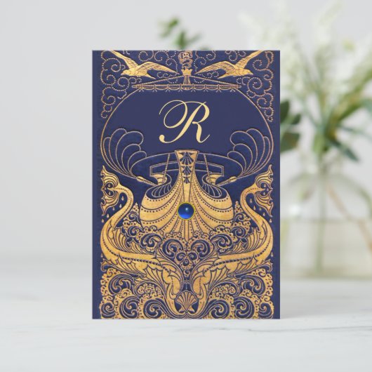 アンティーク船,イルカ,金ゴールド,ネイビーブルー エンクロージャーカード (スタンド正面)