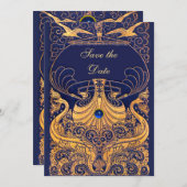 アンティーク船,イルカ,金ゴールド,ネイビーブルー セーブザデート (正面/裏面)