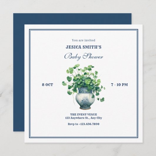 アンティーク花瓶の赤ちゃんシャワー付き植物 招待状 (正面/裏面)