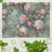 アンティーク茶バラのティール（緑がかった色）パターン キッチンタオル (折り畳み)