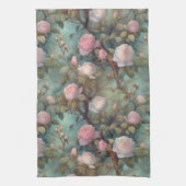 アンティーク茶バラのティール（緑がかった色）パターン キッチンタオル (縦)