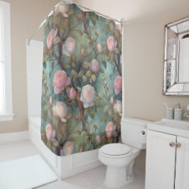 アンティーク茶バラのティール（緑がかった色）パターン シャワーカーテン