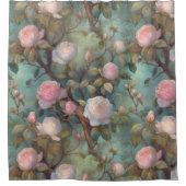 アンティーク茶バラのティール（緑がかった色）パターン シャワーカーテン (正面)