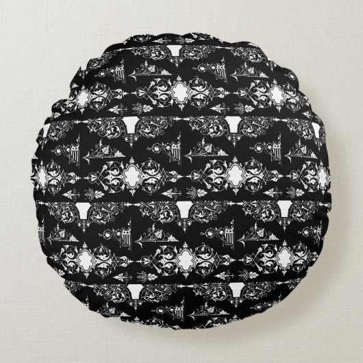アンティーク華美トリム白黒 ラウンドクッション (正面)