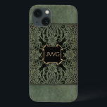 アンティーク華美レザーモノグラム本カバー iPhone 13ケース<br><div class="desc">1898年華美に製作されたロングフェローのバラとライリーのフローラを織り成し、風化した深いのオリーブグリーンとブラックの色合いでカバー。注：彫刻、彫刻、エンボス、および寸法効果、レイヤー、テクスチャ、および影の外観がデジタルで実現。実際の製品は平らな表面を持っている。</div>