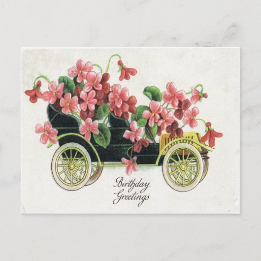 アンティーク誕生日ポストカードピンクバイオレットアンティーク車 ポストカード (正面)