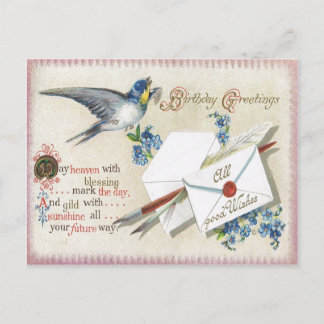 アンティーク誕生日ポストカードブルービクトリアンフラワーズ ポストカード