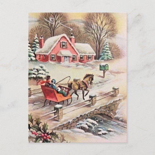 アンティーク調のクリスマスの馬車の橋の雪景色 ポストカード (正面)