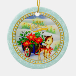 アンティーク調のクリスマストナカイとフラワーカートのかわいいデザイン セラミックオーナメント