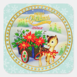 アンティーク調のクリスマストナカイとフラワーカート スクエアシール