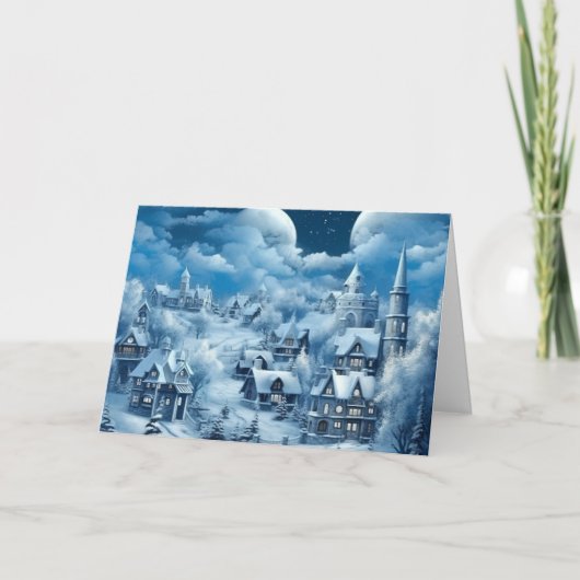 アンティーク調のブルーの雪景色の村のクリスマスカード シーズンカード (正面)