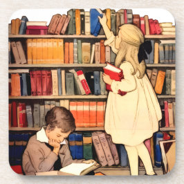 アンティーク調の子供たちが図書館の本を読むデザイン コースター
