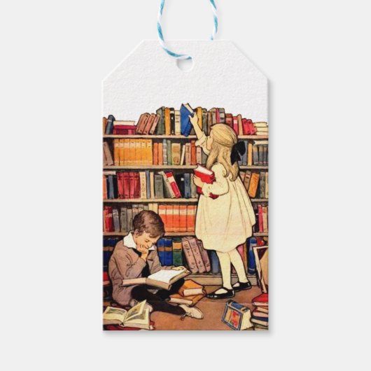 アンティーク調の子供たちが図書館の本を読む ギフトタグ (正面)
