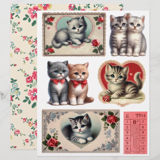 アンティーク調の子猫エフェメラ+切り抜きコレクション (正面/裏面)