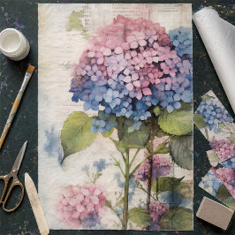 アンティーク調の水彩画風の青とピンクのアジサイのデコパージュ 薄葉紙