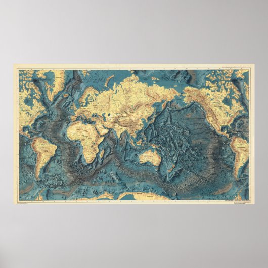 アンティーク調の海洋地形世界地図:黄色の大陸 ポスター (正面)