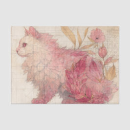 アンティーク調の紙に花とピンクのかわいい猫 薄葉紙