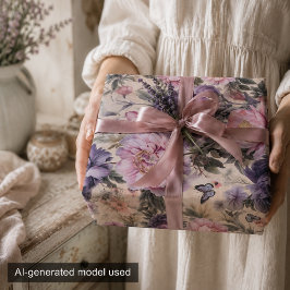 アンティーク調の花と蝶のデコパージュ、紫 ラッピングペーパーシート