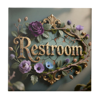 アンティーク調の花柄 ゴールドのトイレ案内板 タイル