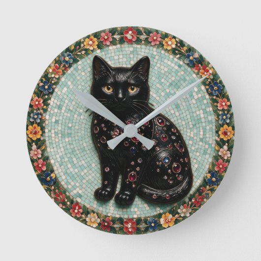 アンティーク調の黒猫モザイク ラウンド壁時計 (正面)