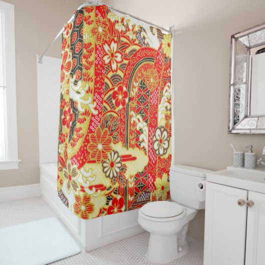 アンティーク赤金ゴールド日本のフローラ花 シャワーカーテン (インサイチュ)