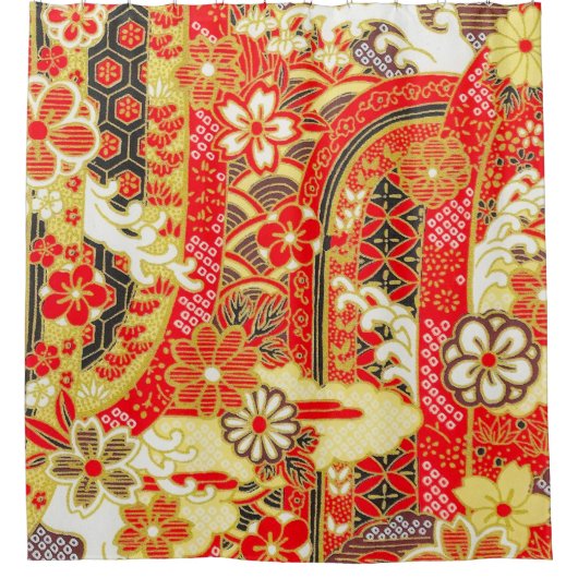 アンティーク赤金ゴールド日本のフローラ花 シャワーカーテン (正面)