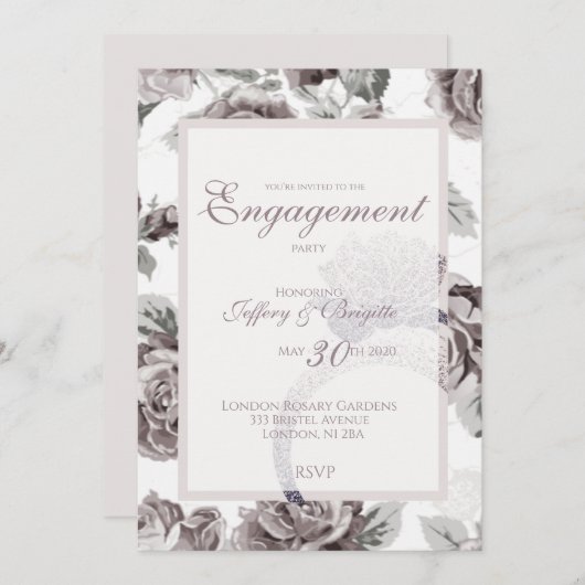 アンティーク赤面ピンクローズ婚約パーティ発表 案内状 (正面/裏面)