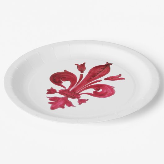 アンティーク赤（紋章の）フラ・ダ・リイン白紋章フローラ ペーパープレート (アングル)
