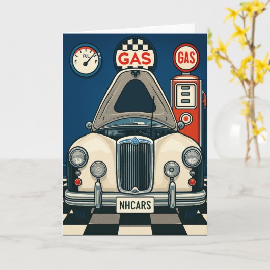 アンティーク車のイラストレーション空白の挨拶 カード (黄色い花)