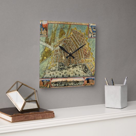 アンティーク通りアムステルダムの地図、オランダ スクエア壁時計 (オフィス)