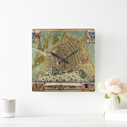 アンティーク通りアムステルダムの地図、オランダ スクエア壁時計 (ホーム)