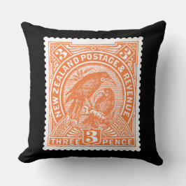 アンティーク郵便切手ニュージーランドバードオレンジ クッション