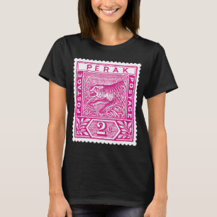 アンティーク郵便切手ペラックタイガーinピンク tシャツ