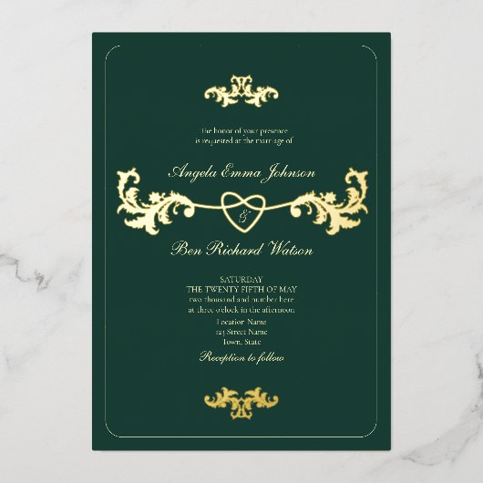 アンティーク金ゴールドとエメラルドグリーン 箔招待状 (正面)