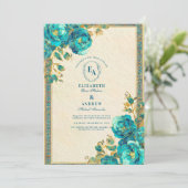 アンティーク金ゴールドとティール（緑がかった色）ボタニッ結婚クス 招待状 (スタンド正面)