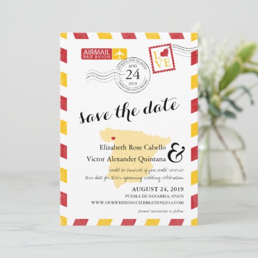 アンティーク金ゴールドとレッドスペイン航空便の日付を保存 セーブザデート (スタンド正面)