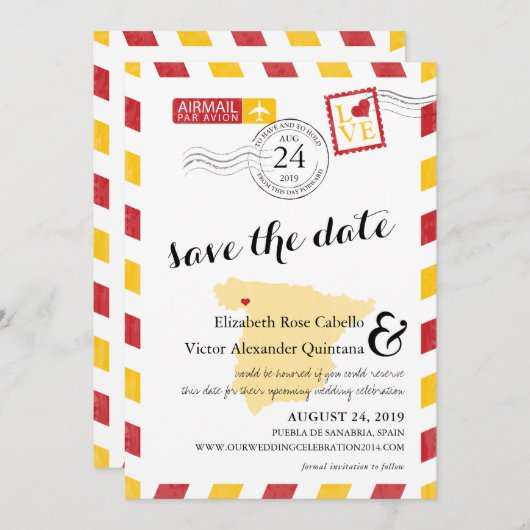 アンティーク金ゴールドとレッドスペイン航空便の日付を保存 セーブザデート (正面/裏面)