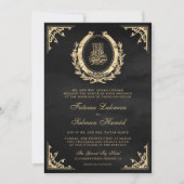 アンティーク金ゴールドクレストブラックムスリム結婚ズ 招待状 (正面)
